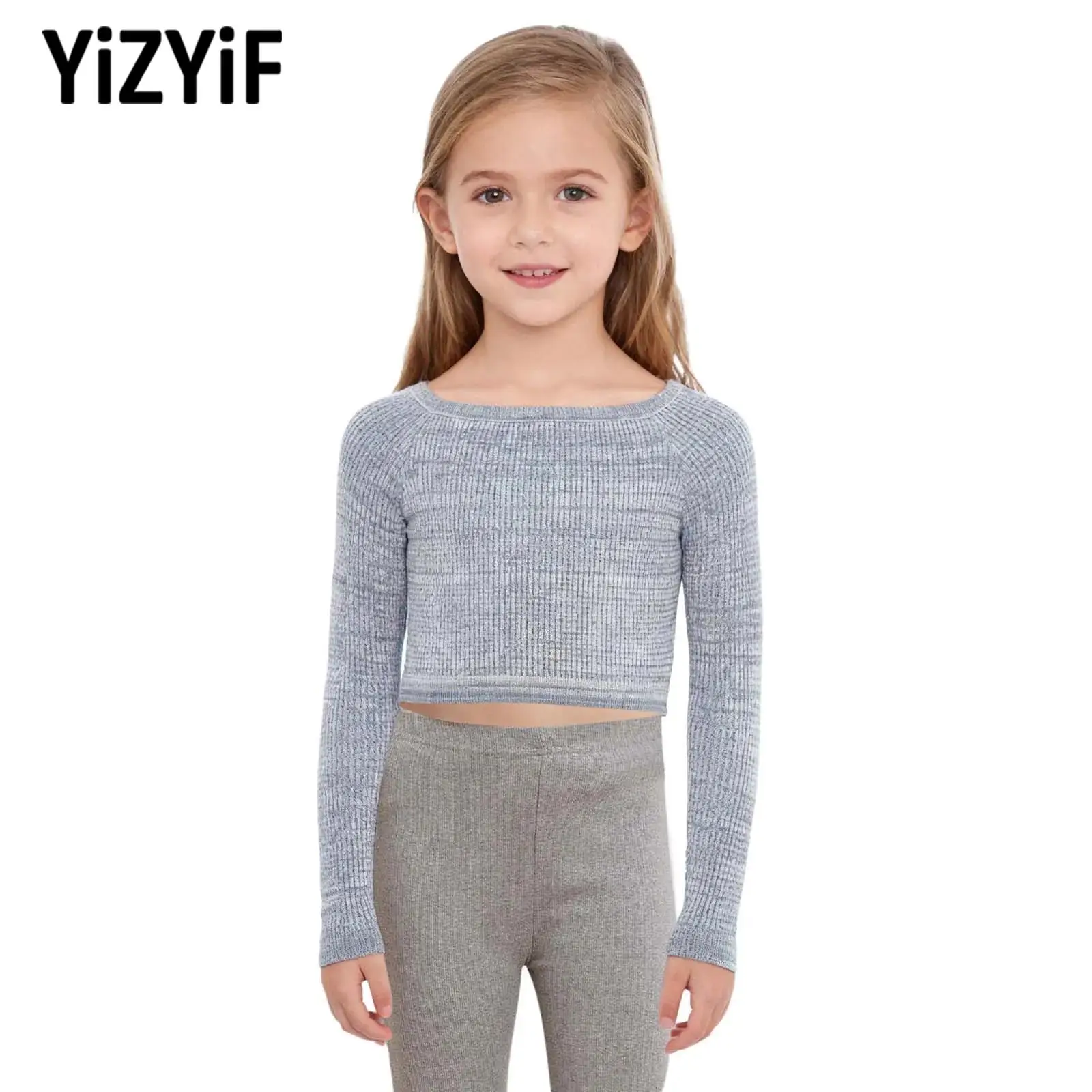 

Гимнастика для девочек, балет, танцевальная практика, разминка, костюм, детские танцевальные тренировочные вязаные топы, свитер с длинными рукавами и вырезом лодочкой, укороченный топ