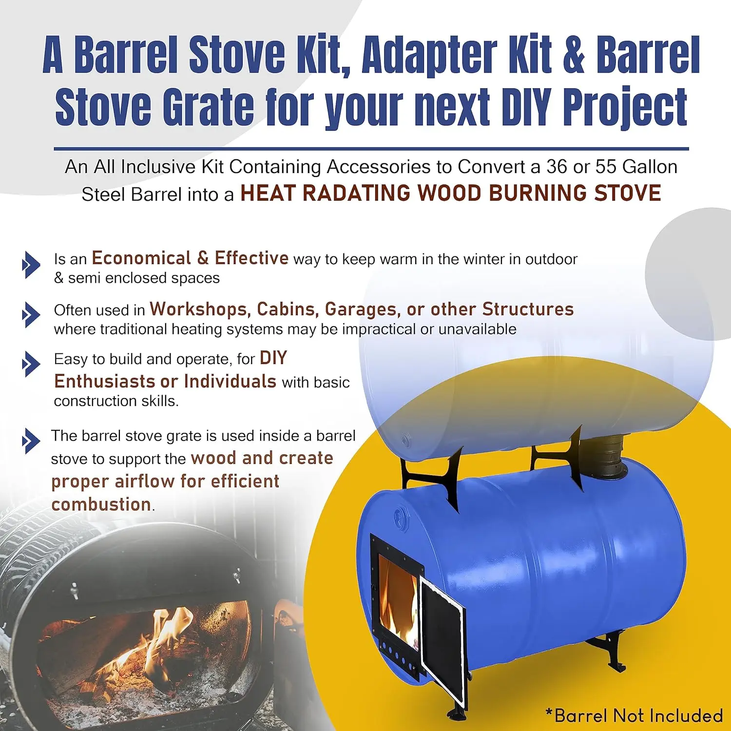 Stove Kit with Double Barrel Stove Adapter Kit – For 30 to 55 Gallon Drums - Barrel Woodstove Kit - Camping Equipment Bar