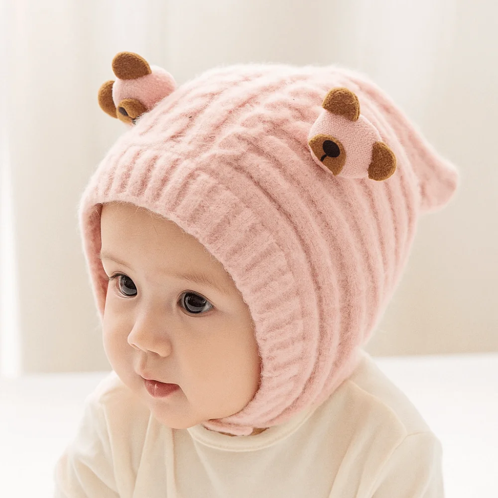 Cute Warm Baby Knitted Hat Soft Thicken Children Pullover Cap Ear Protection Wool Earmuffs Cap Windproof