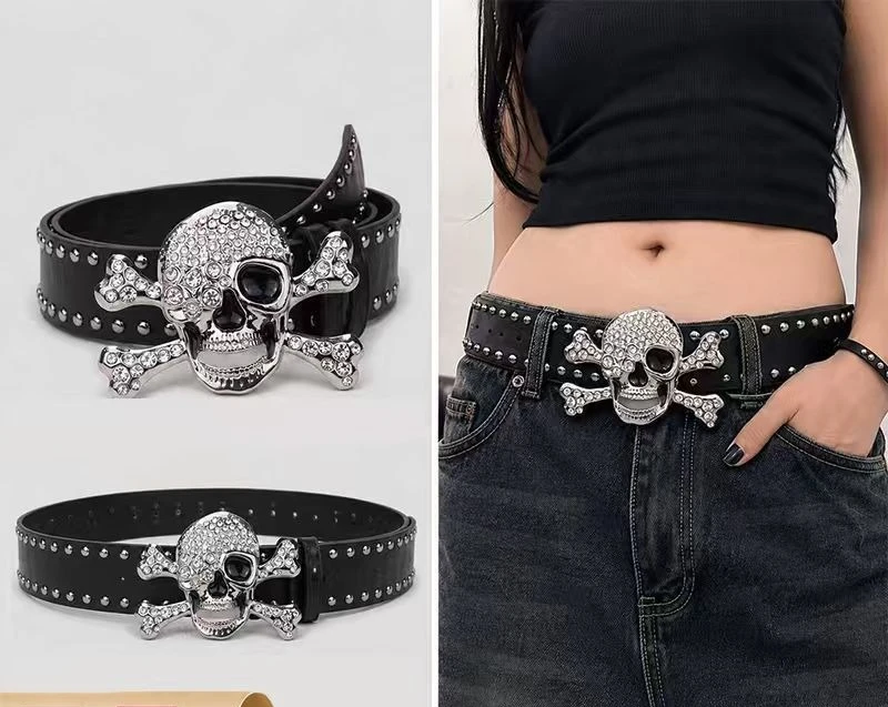 Punk Skull Buckle Belt Black and White Dark Goth Trendy Snap Button Unisex Streetwear Rivet Jeans Belt
