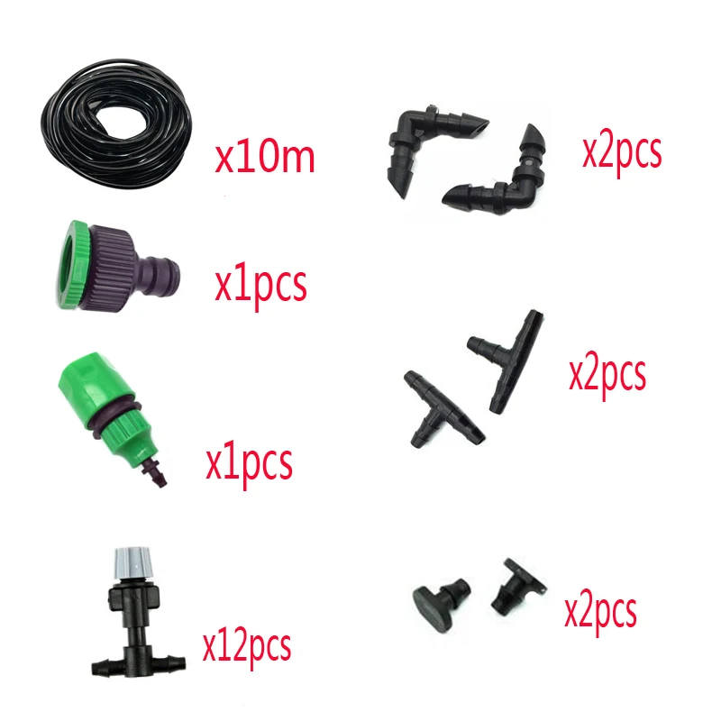 1 Sets Fog Nozzles Micro Automatic Garden irrigation watering Kit 10m hose and Gray spray head with 4/7mm tee and connector