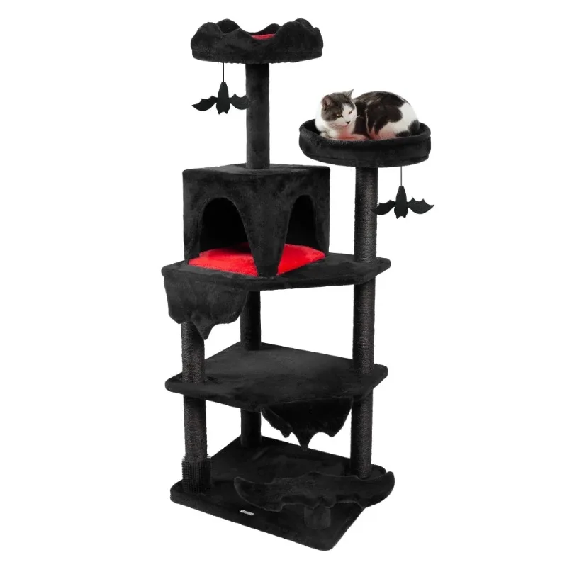 

Gothic Cat Tree, Black Cat Tower for Indoor Cats with Sisal Scratching Posts, Spacious Cat Condo, Self Groomer, Bat Hanging