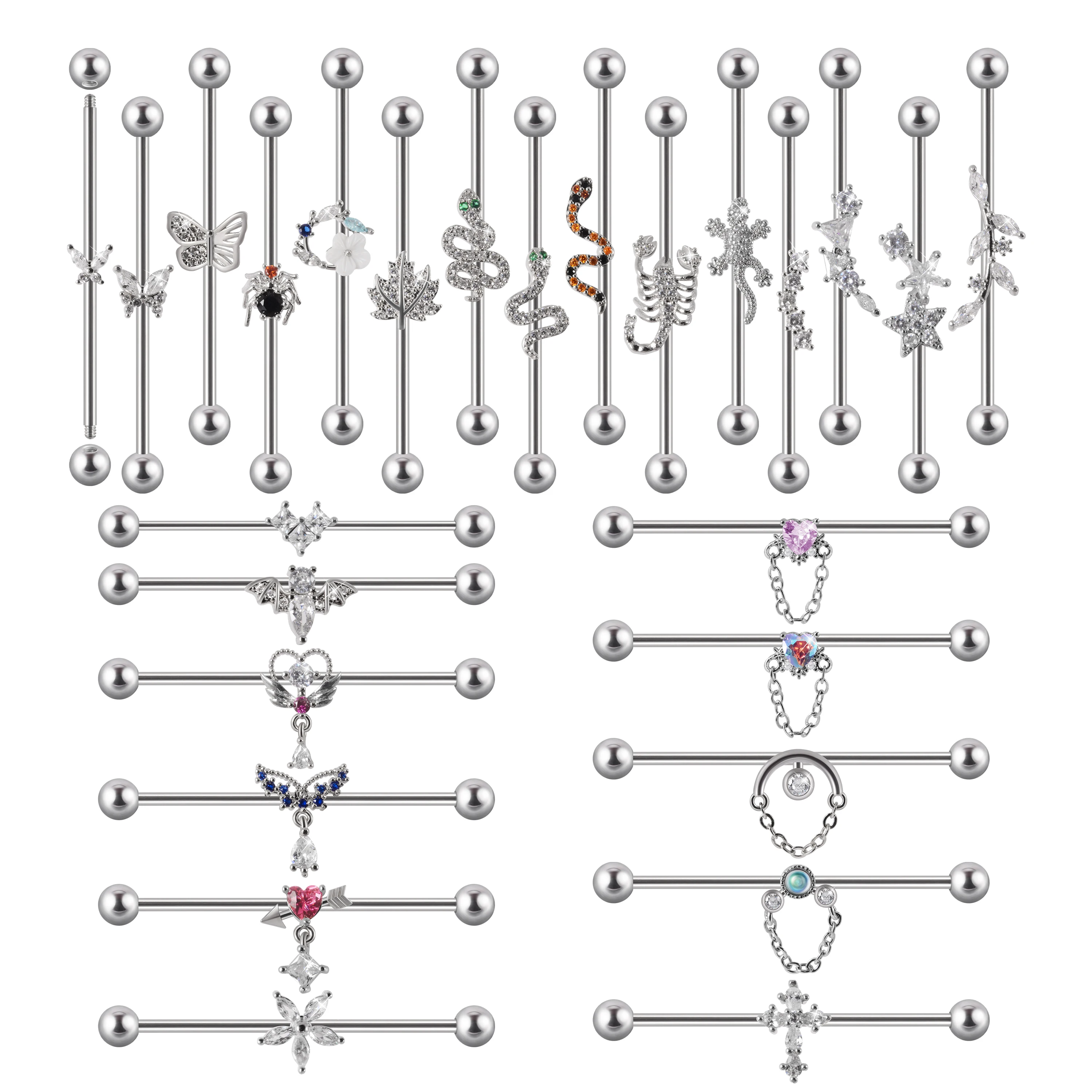 1Pc Unique Design Scaffold Industrial Barbell Piercing Wing Heart Dangling Straight Barbells Cartilage Earrings For Women Men