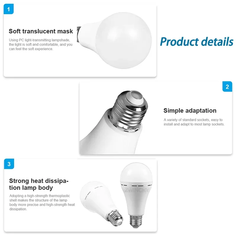 Portable E27 LED Bulb Lamps 7W 9W 12W 15W Rechargeable High Brightness LED Bulb Lights Indoor Outdoor Camping Emergency Lighting