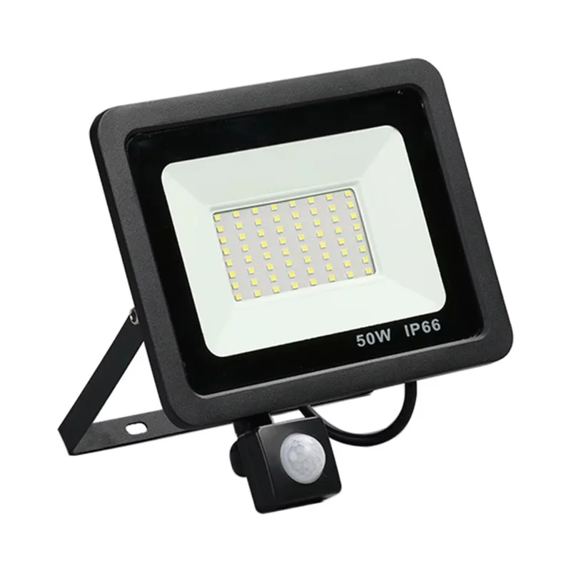 AT05-AC220V LED PIR Floodlight 50W Black Shell Waterproof Outdoor Induction Spotlight Street Lamp Courtyard Light