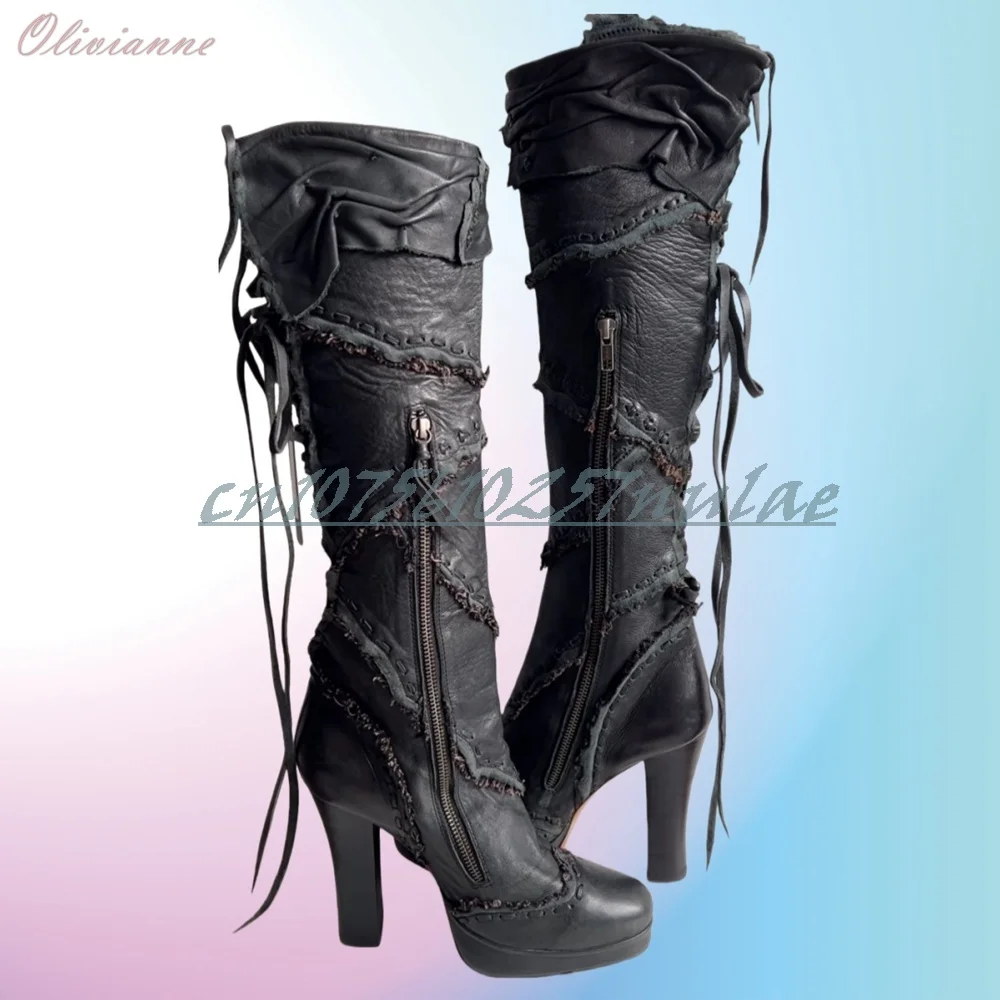 

2026 Chunky High Heel Side Zipper Mid Calf Boots Strappy Design Matte Leather Fashion Sexy Retro Spring Women Shoes Para Mujere
