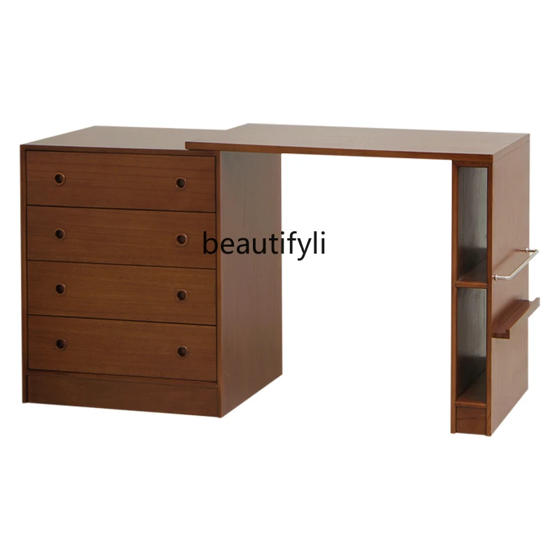 

Retro style solid wood desk bookcase against the wall for home use, medieval bedroom dresser chest cabinet integrated