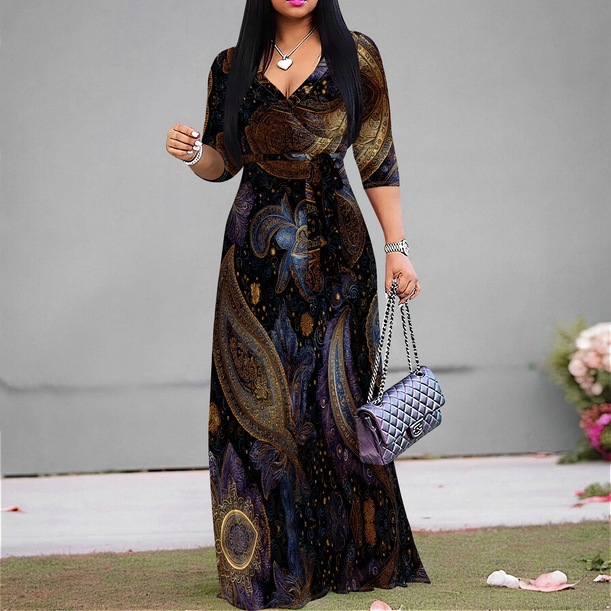 

Paisley Print Wrap Maxi Dress S-3XL V-Neck 3/4 Sleeve Belted Style for Cultural Event, Holiday Dinner or Elegant Evening Look