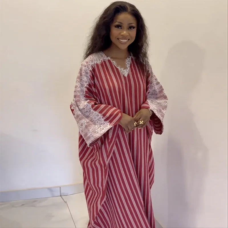 

Women's Red White Striped Kaftan Dress Lace Trim Bell Sleeve V-Neck Maxi Gown Casual Elegant Outfit For Daily & Hangout Robe