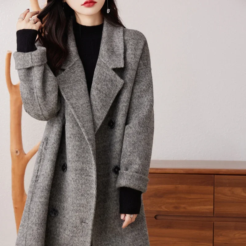 Women's Double-Faced Cashmere Coat, Mid-length Suit Collar, Double-Breasted, 100% Wool, High-End