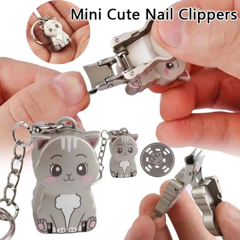 1Pcs Stainless Steel Nail Clippers Exquisite Cute Kitten Shape Keychain Foldable Portable Nail Rotary Toenail Fingernail Trimmer