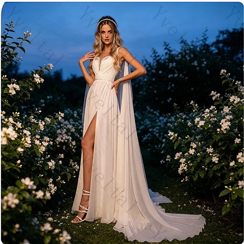 Customized Graceful Dignified Temperament Chiffon High Side Slit Wedding Dresses Detachable Cape Sleeves Charming Bridal Gown