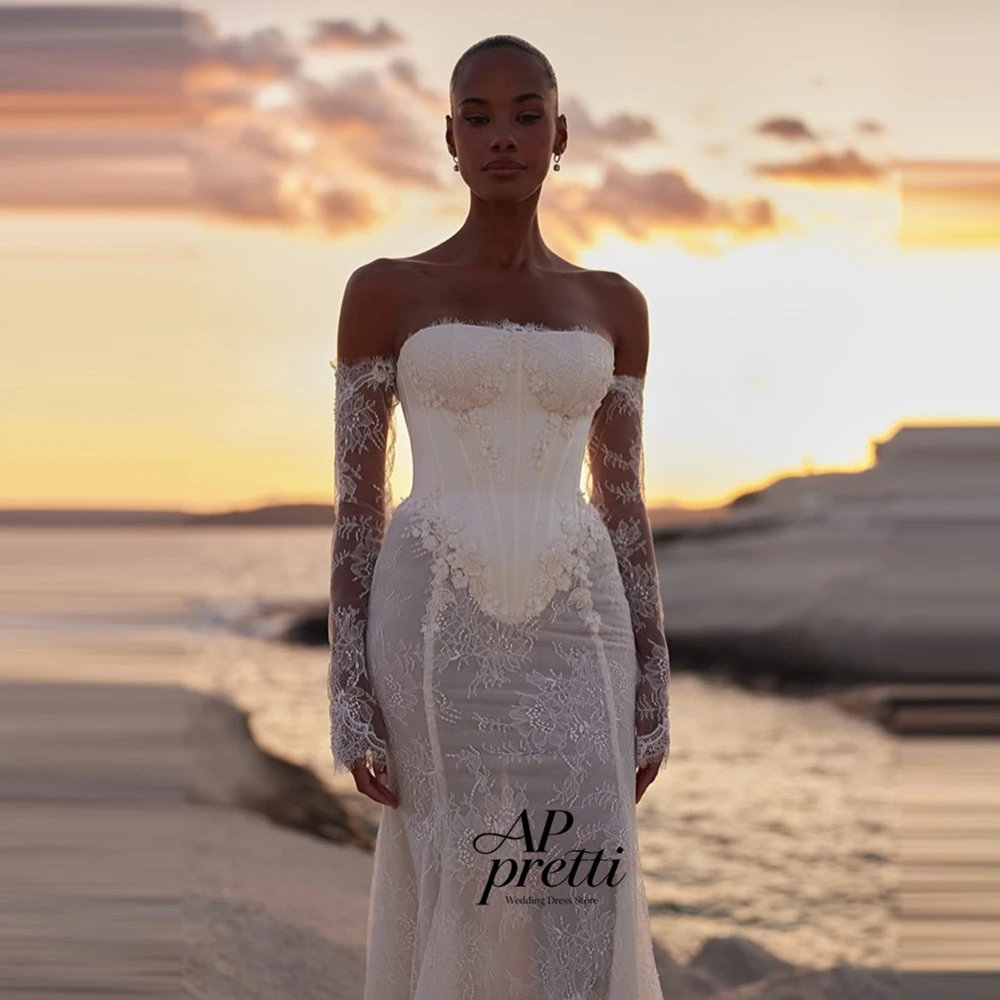 AP Pretti Ivory Floral Lace Bridal Gown Strapless Sleeveless Customized Floor-Length Court Train seaside Wedding Dresses