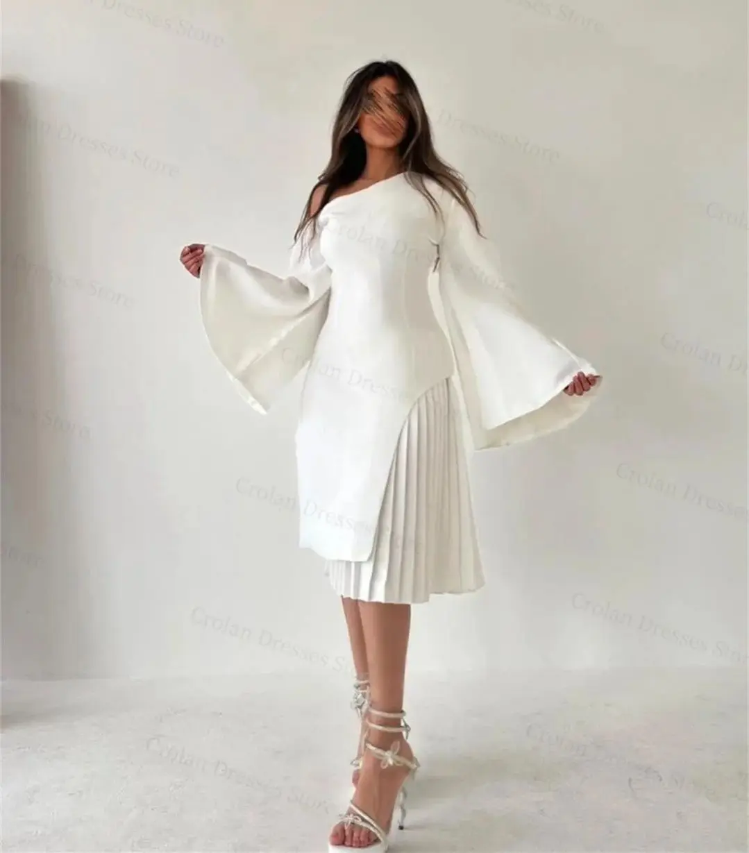 

Chic Off the Shoulder Evening Dresses Pleated Flare Sleeves A-line Knee-Length Classic Elegant Prom Dress Family Gathering Gowns