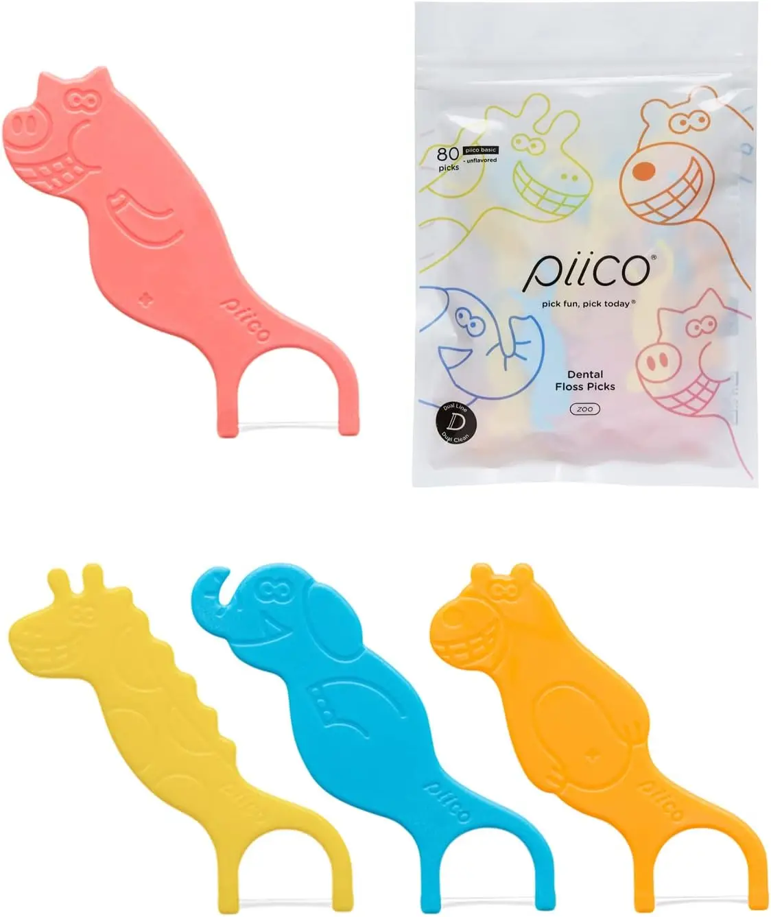 

Unflavored Kids Floss Picks - No Fluoride, Twin Line Dental Floss for Healthy Gums & Teeth - Fun Colorful Zoo Design - 80 Count
