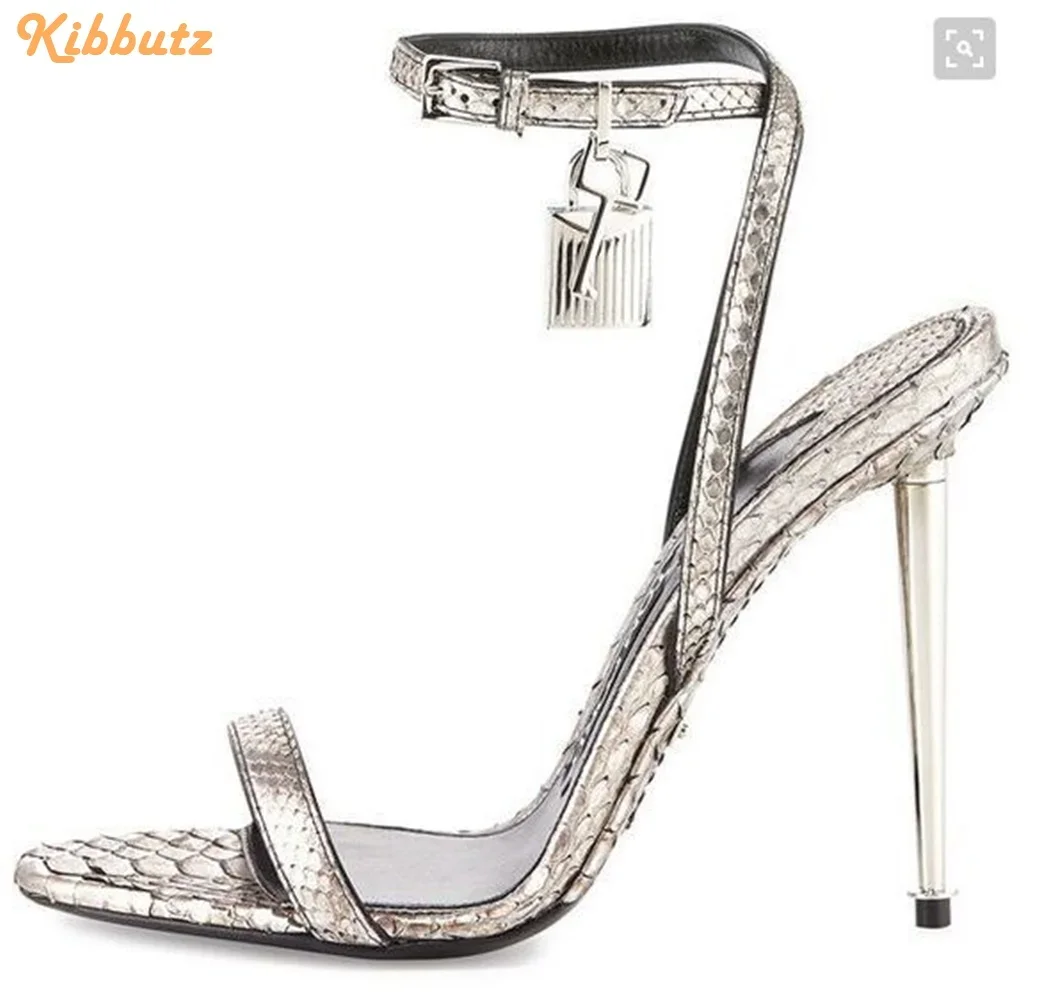 Metallic Heel Lock Ankle Strap Sandals Round Toe Slingback One Word Belt High Heels Stiletto Heel Women Fashion Sandals Padlock