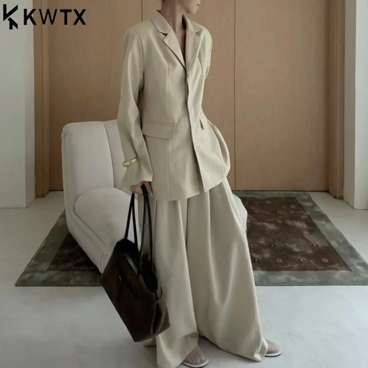 

KWTX 2025 Trendy Women's Suit Set Loose Fit Blazer & Wide Leg Pants Elegant Office Wear Autumn Casual Chic Two Piece Outfit