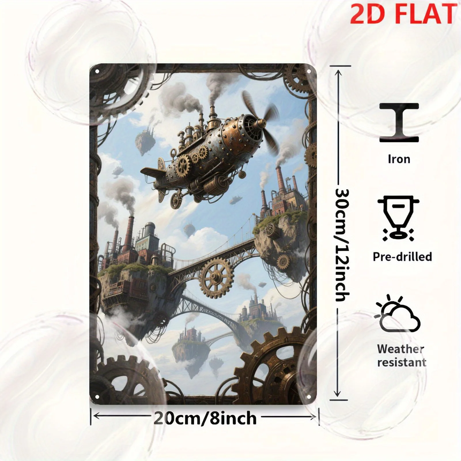 2D Flat, 1pc Steampunk Sky Fortress Metal Tin Sign - Vintage Industrial Wall Art with Airship, Floating Islands & Gears, 8x12 In