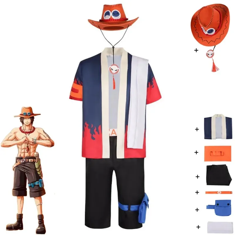 Disfraz de Anime Portgas D Ace, disfraz de Fire Fist Ace, bata de fantasía, camisa de manga corta, uniforme, pantalones cortos, sombrero, conjunto de Carnaval de Halloween para hombre