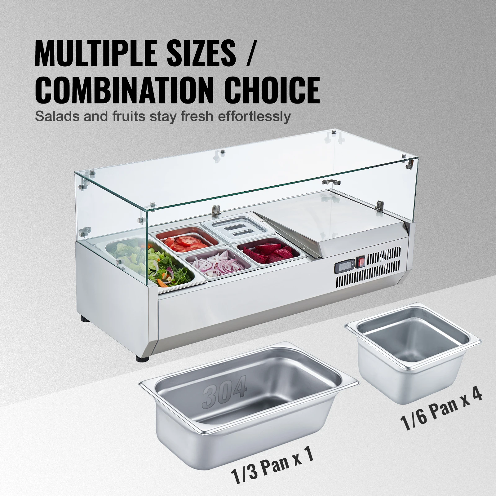 VEVOR Refrigerated Condiment Prep Station 130W with 1 1/3 Pan & 4 1/6 Pans 304 Stainless Body and PC Lid with Glass Guard ETL