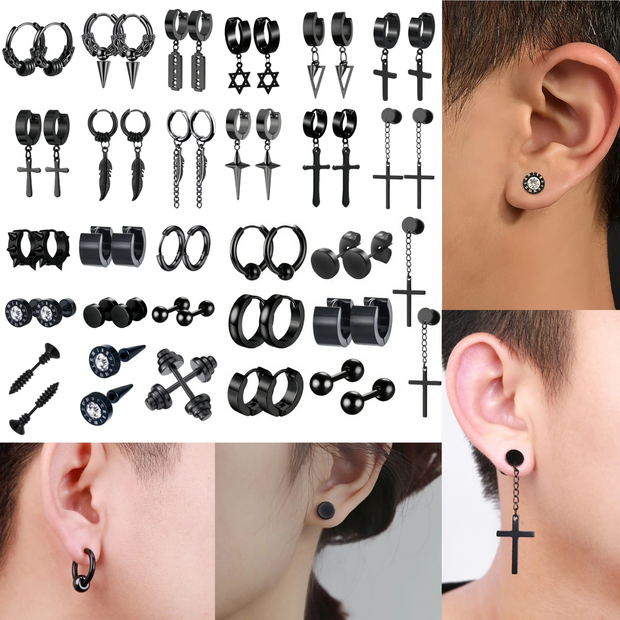 6-9Pair Punk Minimalist Cross Star Black Stainless Steel Hoop Earring Set for Man Women Modern Gift Daily Trendy Jewelry New In