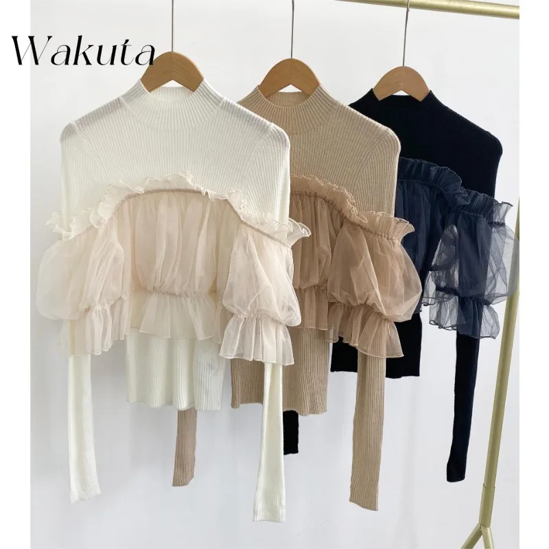 WAKUTA Half-high Collar Long Sleeve Sweet Fresh Pullovers Patchwork Slim Fit Solid Voile Jumper Japanese Fashion Knitwear Свитер