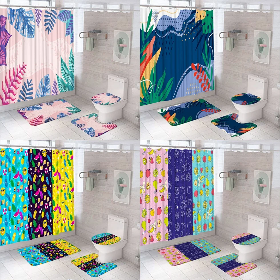 Abstract Medieval Leaves Shower Curtain Set Summer Pineapple Fruit Bathroom Curtains Non-Slip Bath Mat Pedestal Rug Toilet Cover