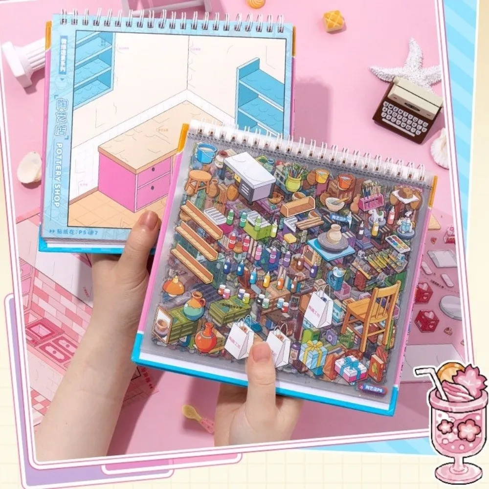 ショップテーマ-ミニチュアシーンステッカー-pet-郵便局-ベーカリー-3dステッカーブック-書店-魔法の店-10シーン-風景ステッカー-ギフト