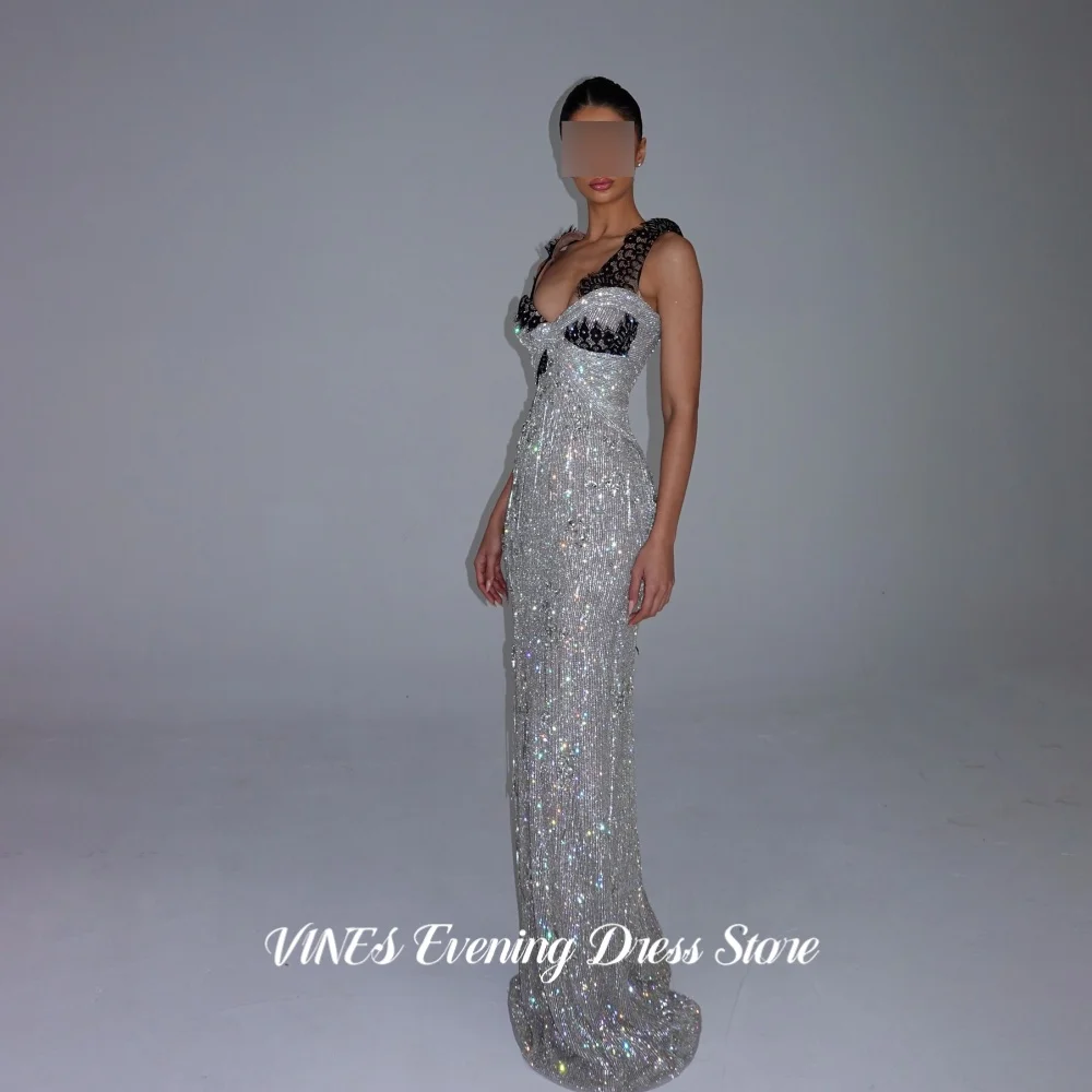 VINES Luxury Metallic Silver Deep V Beaded Evening Dress Black Lace Beaded Fringe Prom Gown Long Mermaid Party Dress Customized