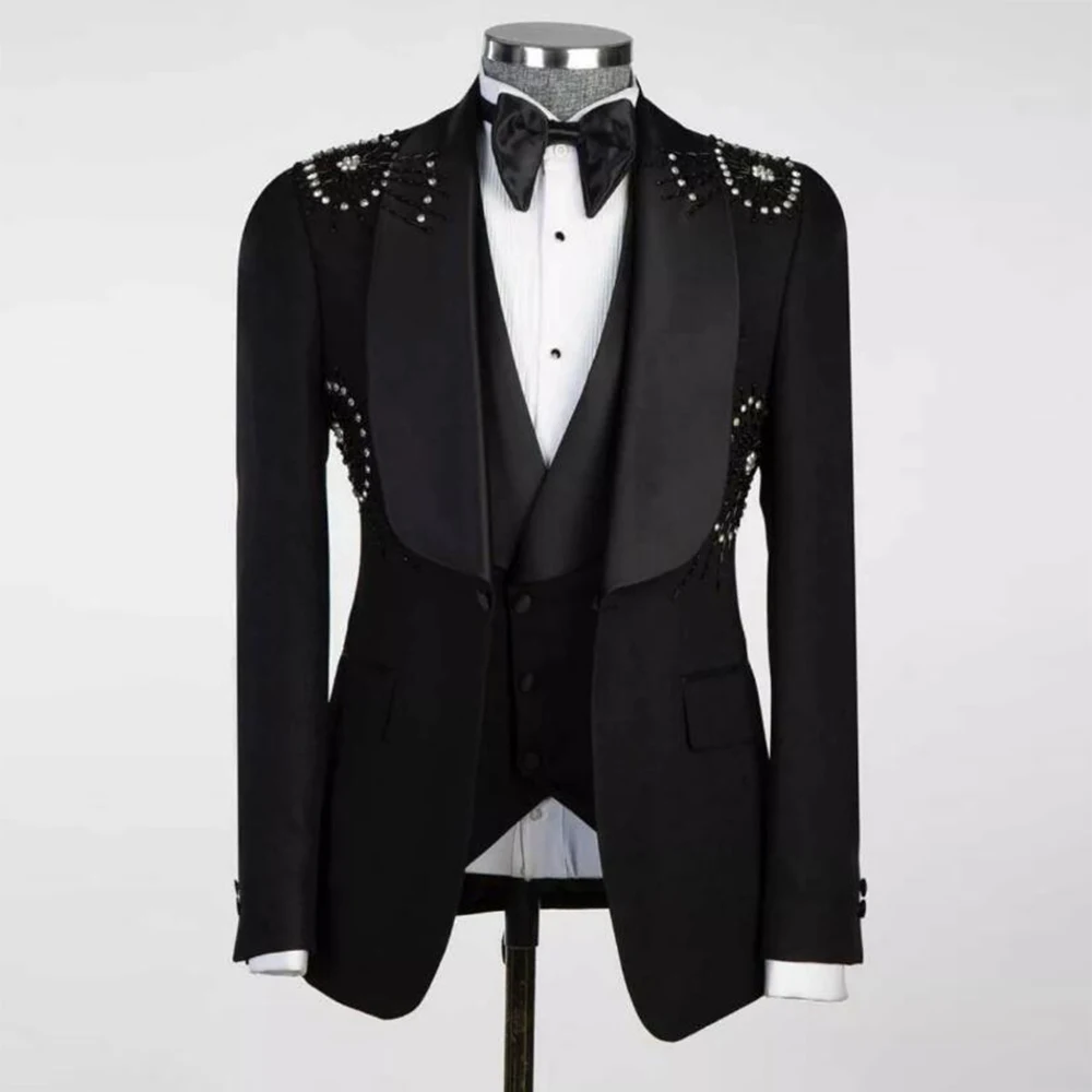 Luxury Crystals Beading Groom Wear Wedding Tuxedos Formal Party Suits Men Slim Fit  3 Pieces (Jacket Vest Pants) terno masculino