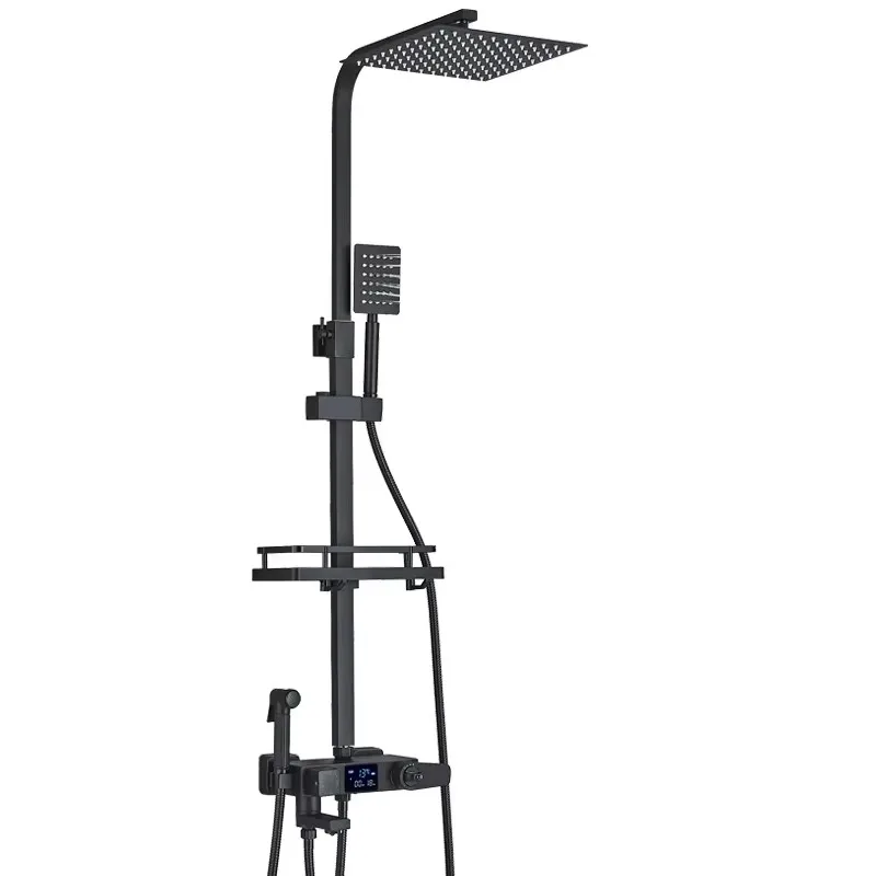 Thermostatisches Duschsystem, LED-Digitalanzeige, 3-Funktionen-Quadrat-Regenduschkopf mit Handbrause & Bidet-Sprühgerät, Wandmontiertes Duscharmaturen-Set mit Ablage