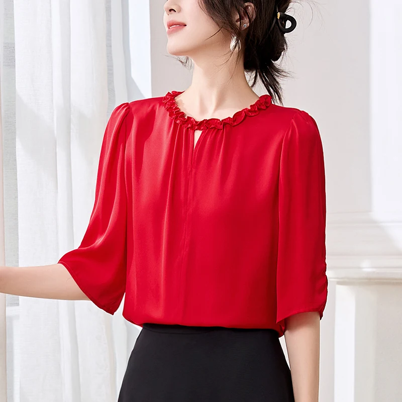 

2026 Summer Half Sleeve Women's Solid Shirt Office Lady Blouse Loose 19mm Real Silk Elegant Shirts Vintage Blouses For Women