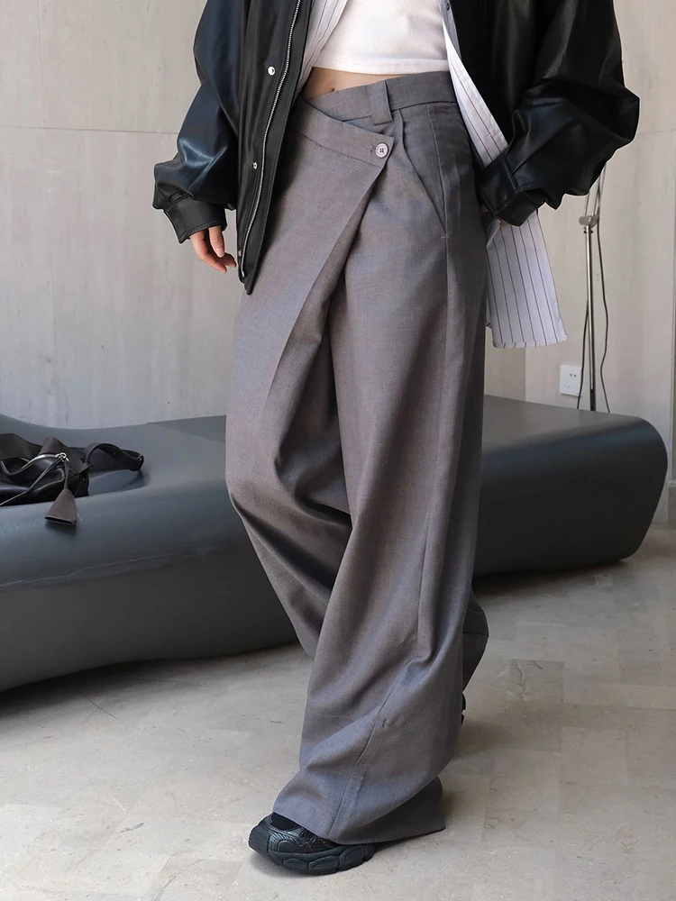 [EAM] High Waist Gray Irregular Spliced Long Wide Leg Casual Pants New Trousers Women Fashion Tide Spring Autumn 2024 1DH6721
