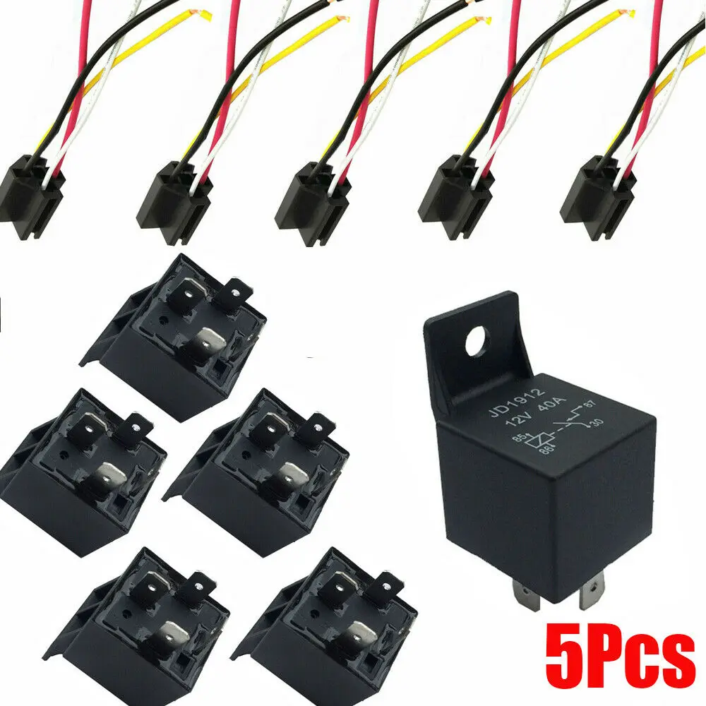 5Pcs 12V 40 Amp 4 Pin 5 Pin with Wires Car SPDT Automotive Relay DC W/ Harness Socket JD1912 JD1914 Car Relay Replacement Kit