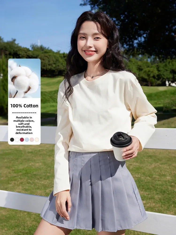 เสื้อยืดผู้หญิงทรงหลวม ผ้าฝ้ายแท้ แบรนด์ Bal Pure Cotton รุ่น Ne Long Sve สีเบจ สำหรับใส่เป็นเสื้อตัวในช่วงฤดูใบไม้ร่วง