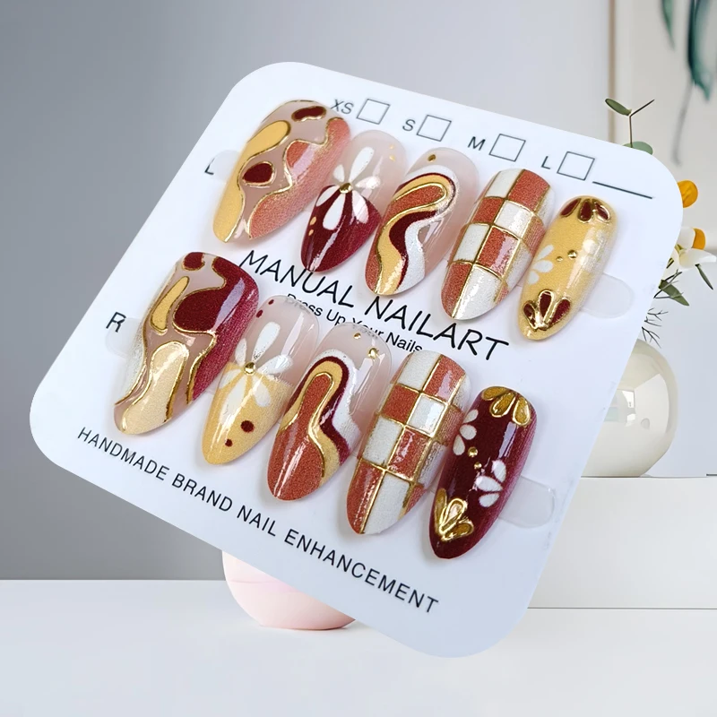 10 stuks Franse stijl mode kersenkus korte amandel druk op nagels trend chic luipaardprint vergulde nagelpatch cat eye valse nagel