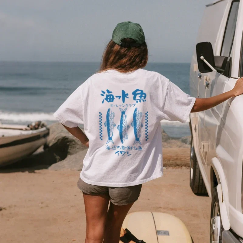 Japanese Sardine Back Print T-Shirt Vintage Coastal Seafood Shirt Streetwear Graphic Tee Unisex Women Vacation Top Oversized