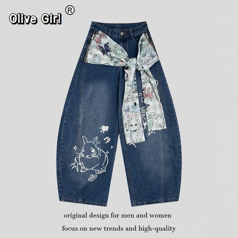 

Джинсы Olivegirl, американские ретро граффити, шарф, бретели, брюки, широкие брюки в стиле хип-хоп, джинсы с кроликом, женские новые свободные брюки 2025 г.