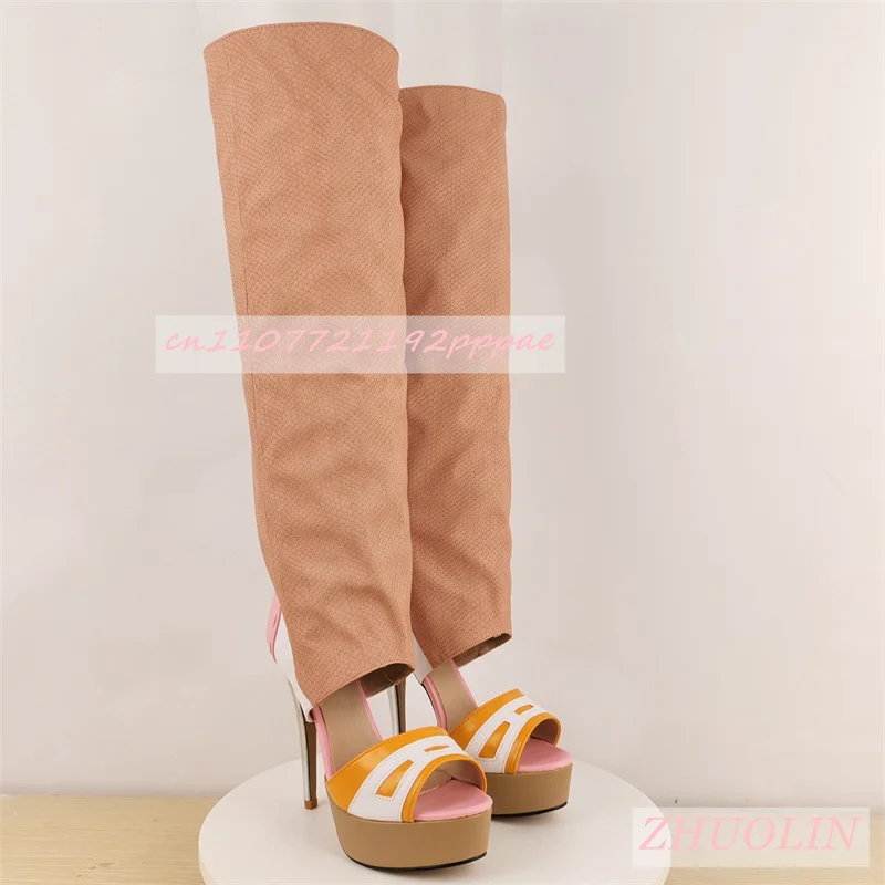 

Women'S Spliced ​​Platform Sandals Boots Summer Stiletto Straight Slip-On Open-Toe Boots Elegant Party Dance Catwalk High Heels