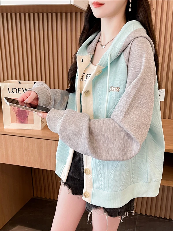 Loose Women's Hoodie Spring Autumn Color Blo Splicing Open Cardigan Jaet Large Size Comfortable Cotton Blend Korean Sle