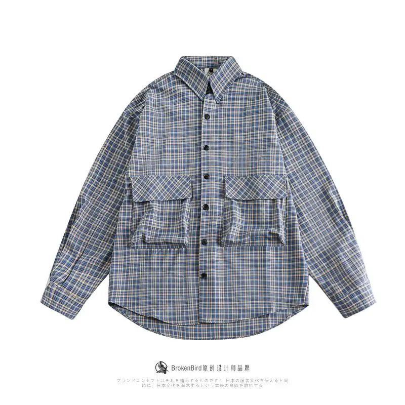 Spring and Autumn Loose Casual Japanese Retro Large Pocket Plaid Long Sleeved Turndown Collar Shirt for Men