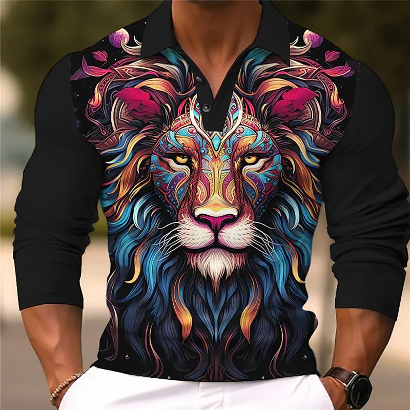 

Colorful Lion Pattern Men's Long Sleeve Polo Shirt Fashion Creative Design Comfortable Clothes Autumn Winter Oversize Casual Top