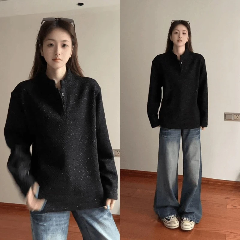 Button Long Sleeve Plus Size High Street T Shirts Autumn Winter New All-match Youth Vintage Tops Casual Fashion Women Clothing