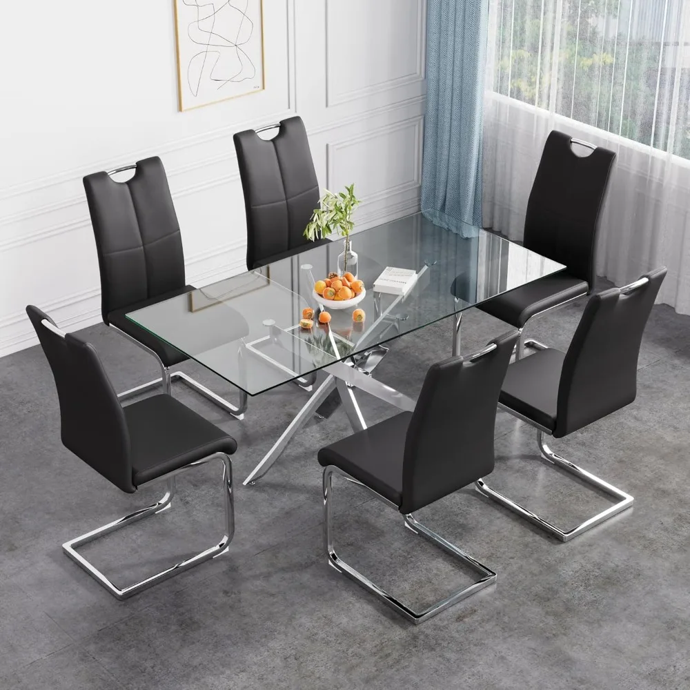 Dining Table Set for 6, Modern Tempered Glass Top Table and PU Leather Chairs, Black with Silver Base Dining Room Set