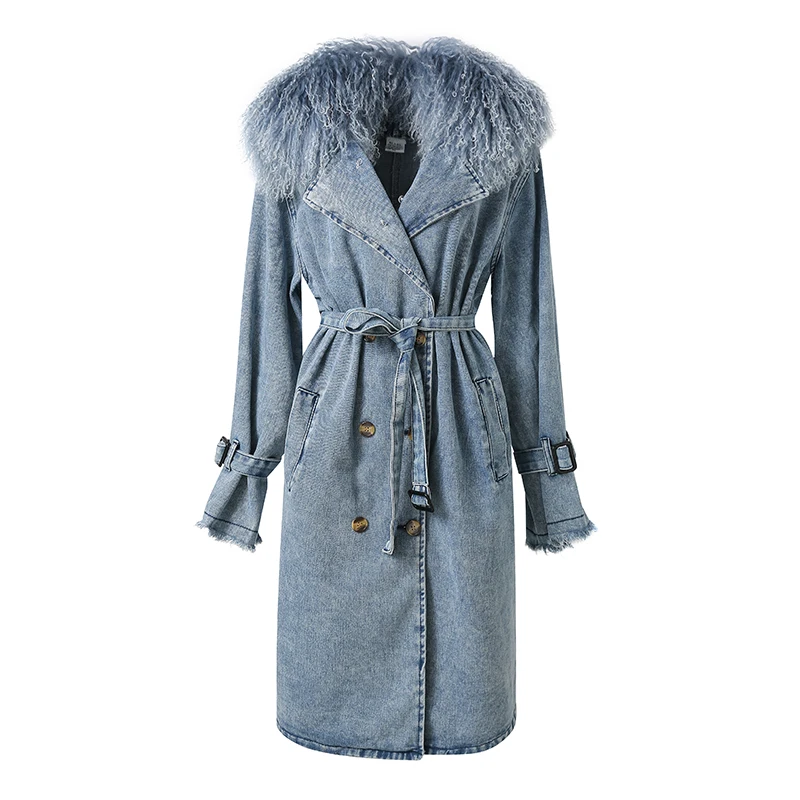 Latest Fashion Design Women Long Coat Detachable Mongolian Fur Collar Denim Trench Coat