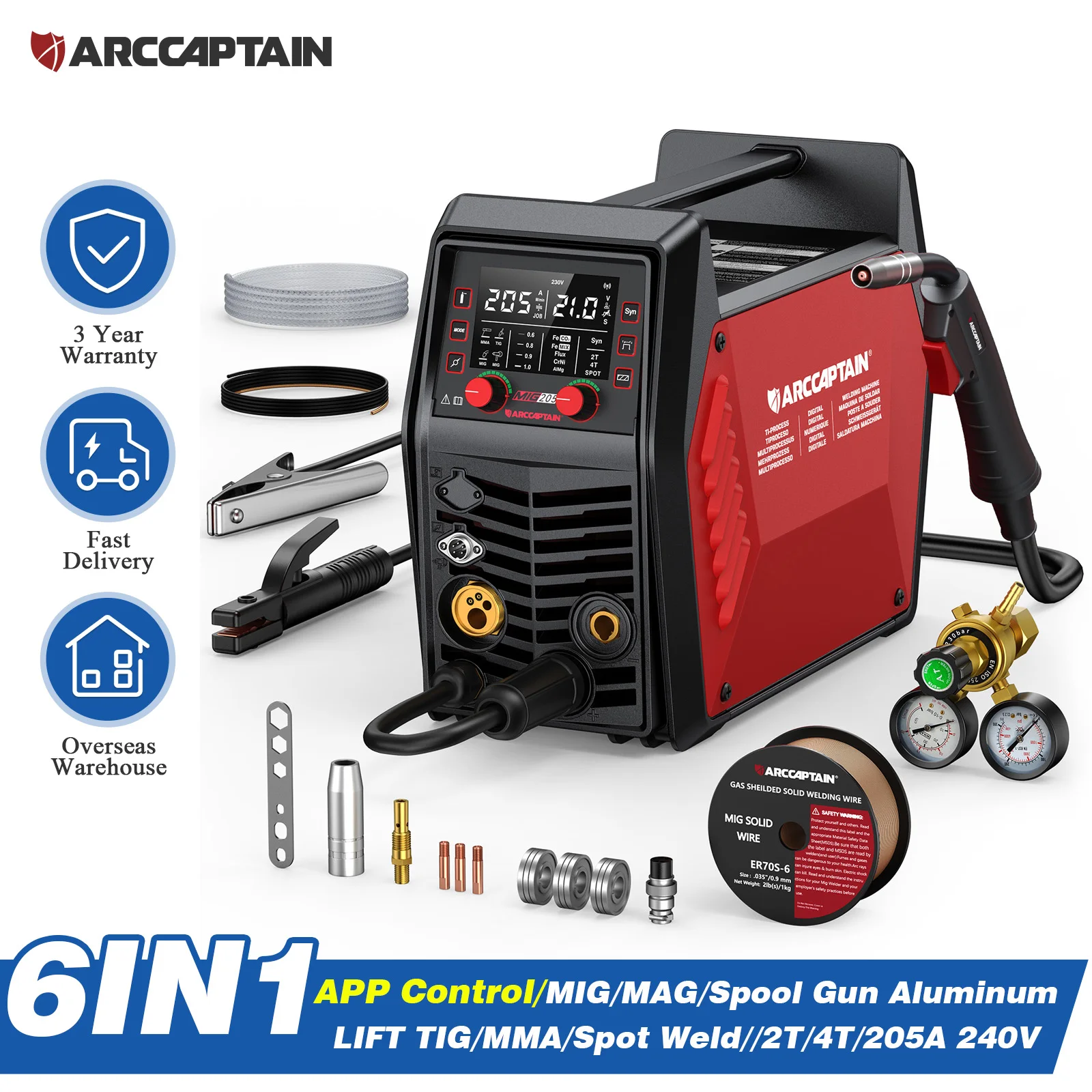 ARCCAPTAIN 6 en 1 Machine à souder APP contrôle professionnel 205A 240V bobine pistolet aluminium MIG MAG MMA TIG soudeuse par points