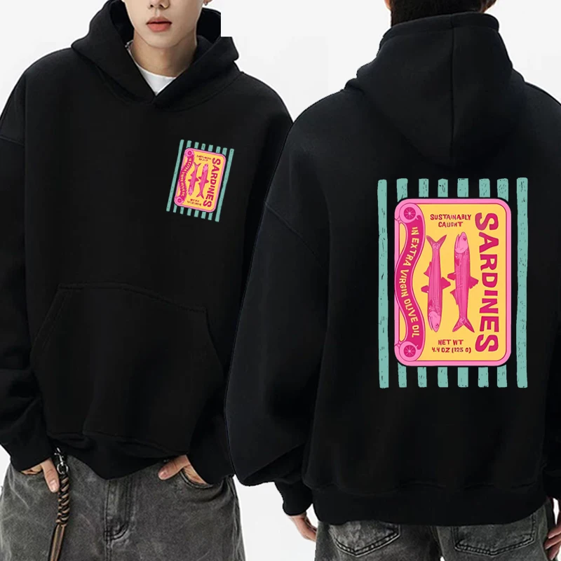 

Autumn Winter Sardines Double Sided Graphic Sweatshirt Unisex Foodie Tinned Fish Print Hoodie Men women Fleece Casual pullover