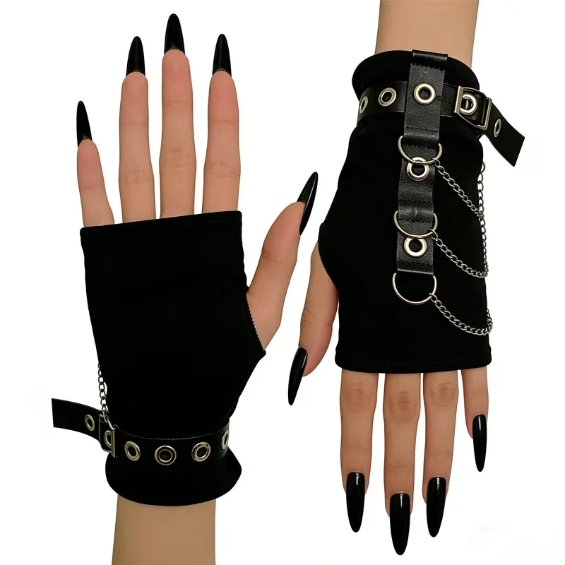 Gothic Punk Fingerless Half Finger Gloves Black Chain Arm Sleeve Arm Warmer for Alternative Style