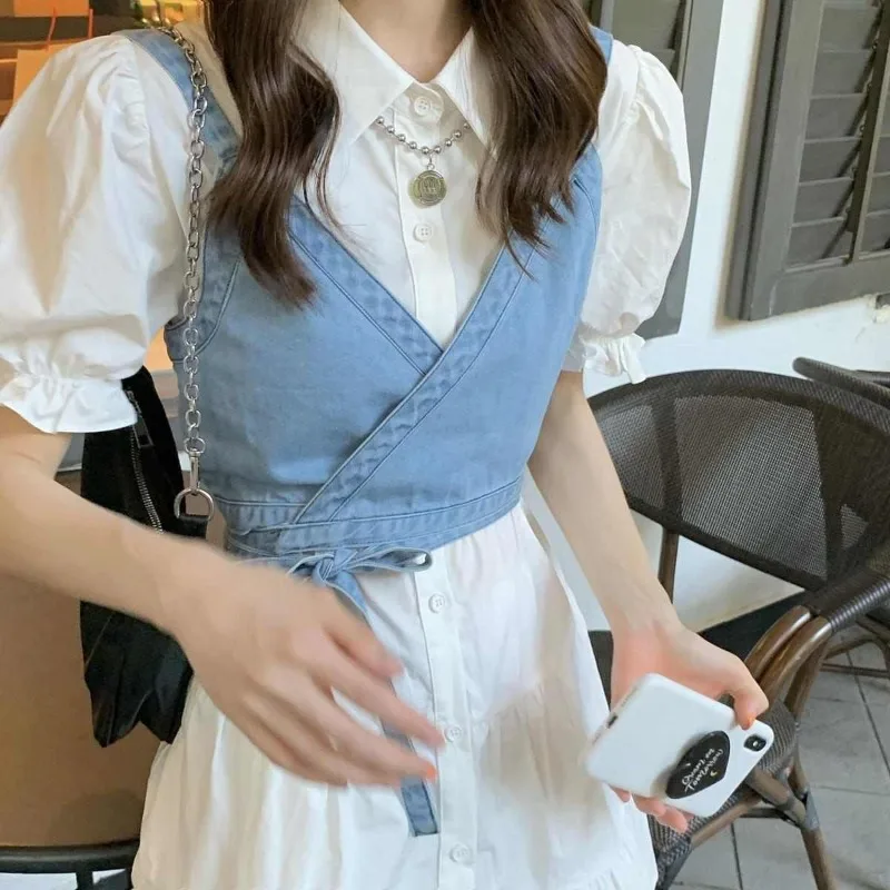 Canotta in Denim coreano stile Preppy donna colture Retro Streetwear Solid College Slim Femme All-match semplice Casual primavera estate