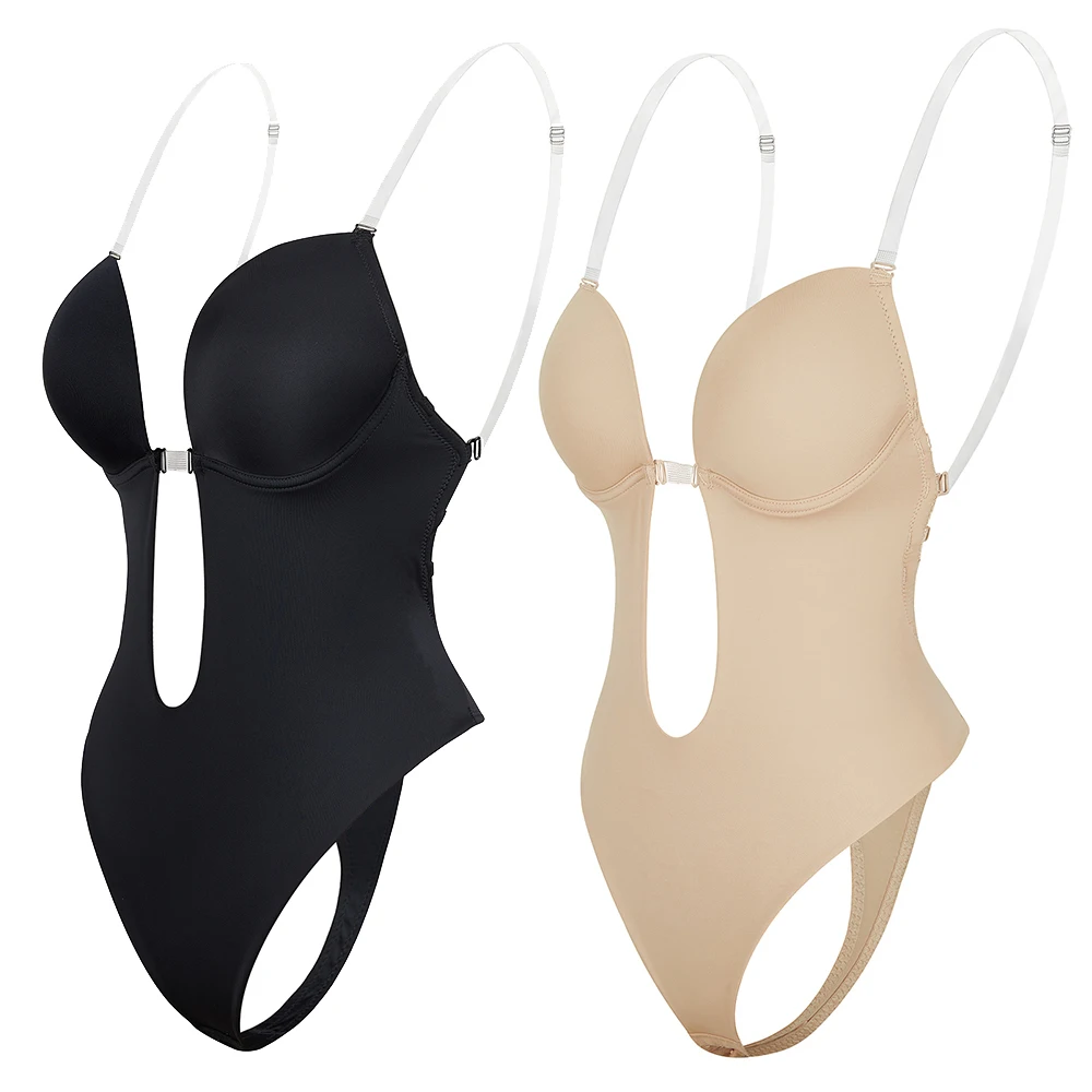 Deep V-Neck Backless U Plunge Thong Shaper Bodysuit Shapewear Clear Straps Padded Push Up Corset